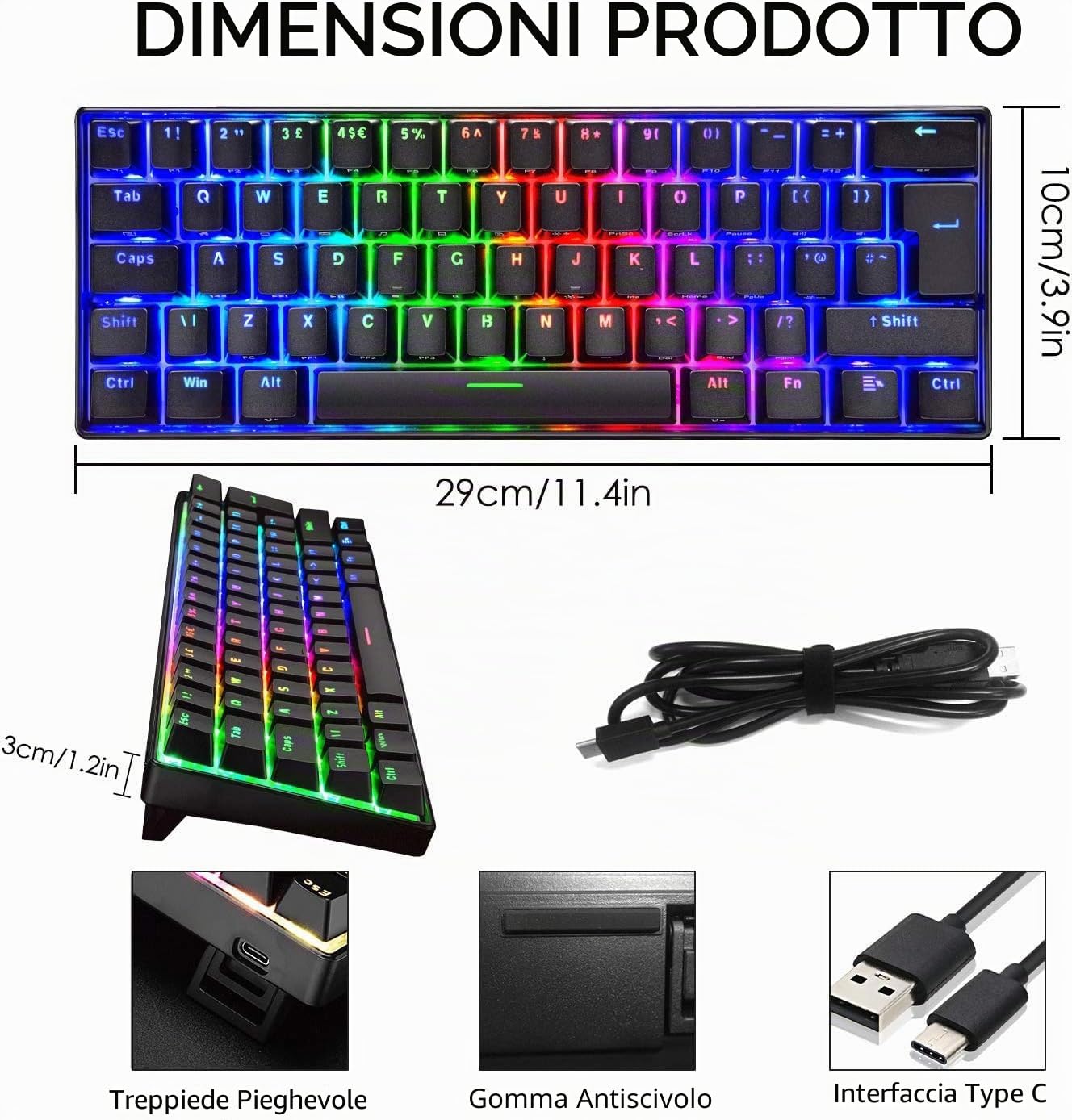 UK 61 60% Tastiera da gioco meccanica vera Tipo C Cablata 61 tasti Tastiera impermeabile USB retroilluminata a LED Retroilluminazione RGB Tasti anti-ghosting completi per computer/PC/laptop/MAC