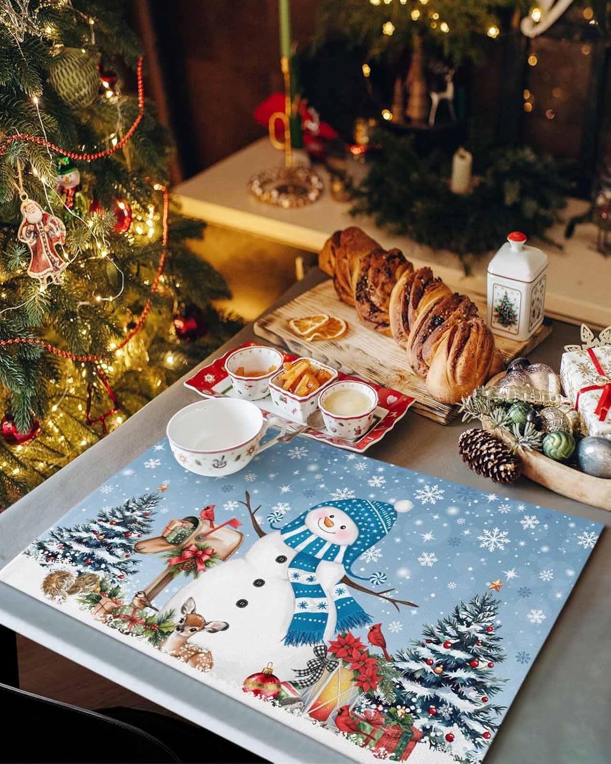 Blue Christmas Snowman Placemats Set of 4 Christmas Tree Elk Cardinal Bird Balls Snowflake Place Mat for Dining Table Washable Polyester Blue Xmas Kitchen Table Mat for Home Decorations