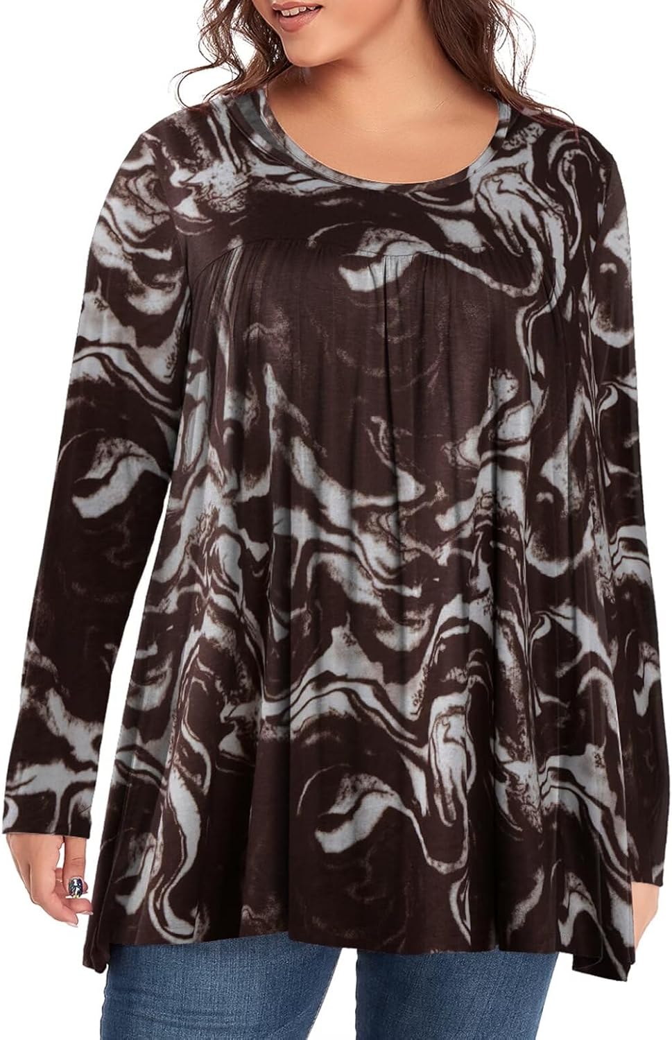 OVERWORETY Women's Plus Size Tunic Tops Long Sleeve Pleated Casual Swing Fall Tee Shirts for Leggings W1 - Brown 1X