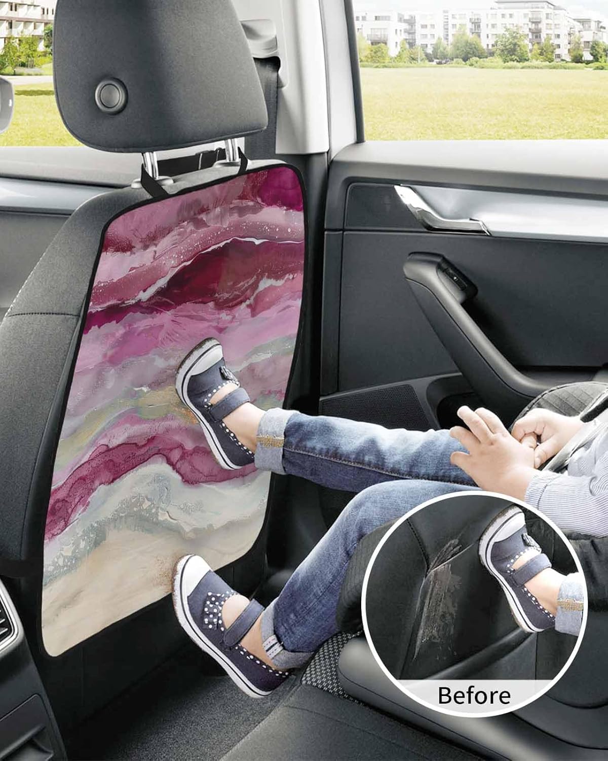 Car Seat Protector, 2 Pack Kick Mats Back Seat Protector Abstract Purple Gradient Beach Ocean Wave Oil Painting Waterproof Backseat Cover for Kids Universal Fit Automotive Interior Protectors