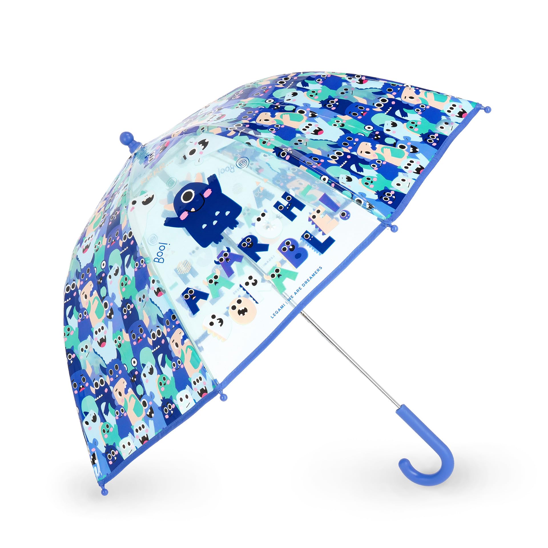 Legami VUSE Dancin' In The Rain Children's Umbrella, Windproof Structure, Manual Opening, Fabric Closure with Space for Names, Hook Handle, 73 x 65 cm, blue, Small, MONSTER