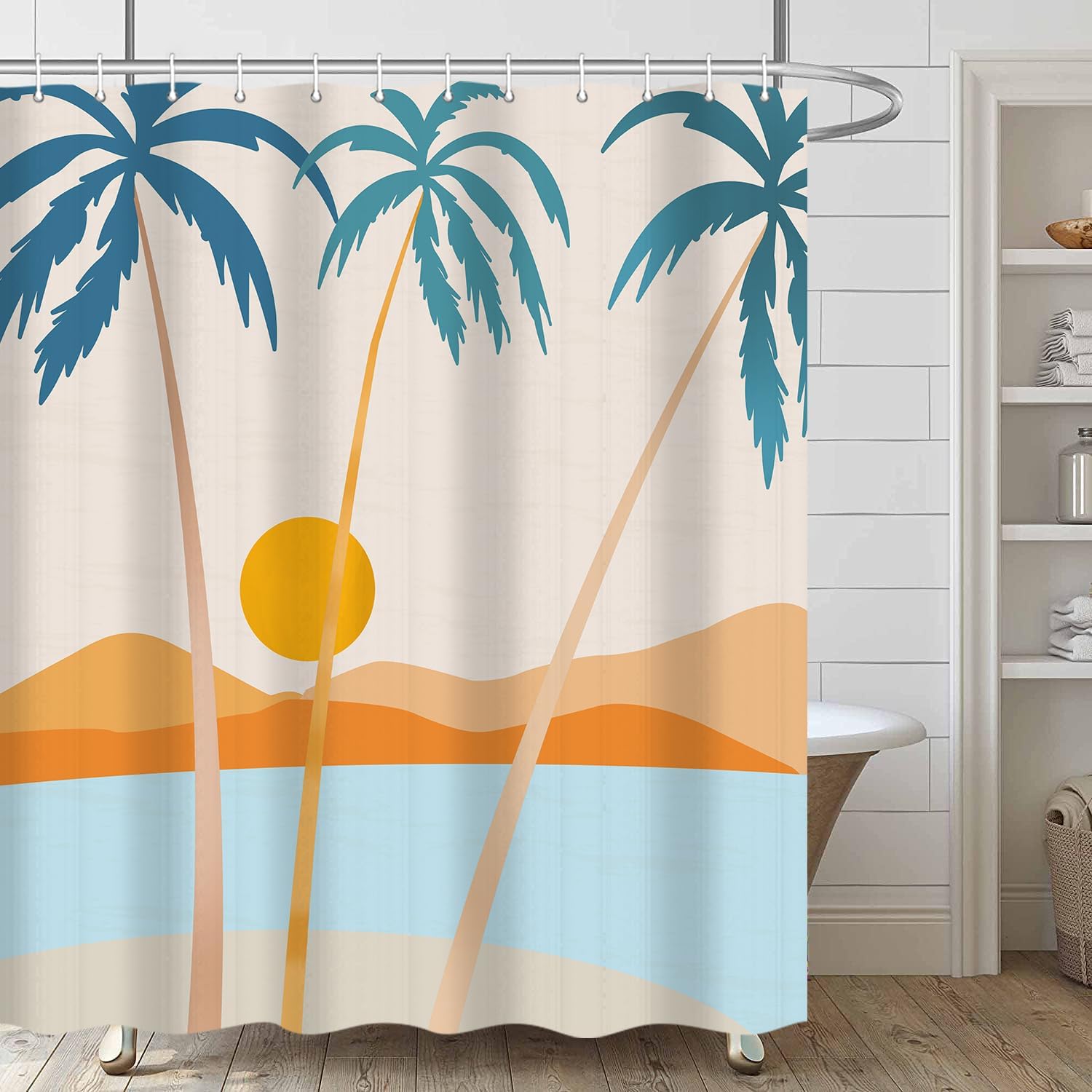 Tropical Palm Tree Sunset Shower Curtain, Ocean Beach Mid Century Abstract Modern Boho Aesthetic Durable Fabric Waterproof Bathtub Curtains for Bathroom Decorative Set with Hooks,72x84