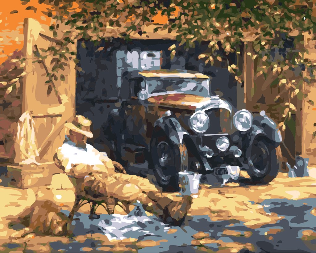 Pittura Ad Olio Con Numeri Yeesam Art, Kit "Bathing In The Sun" Con Auto D'Epoca, Tela Di Lino 40,6x50,8 Cm, Colori Acrilici E Pennelli, Inclusa Lente D'Ingrandimento, Relax E Hobby Creativo