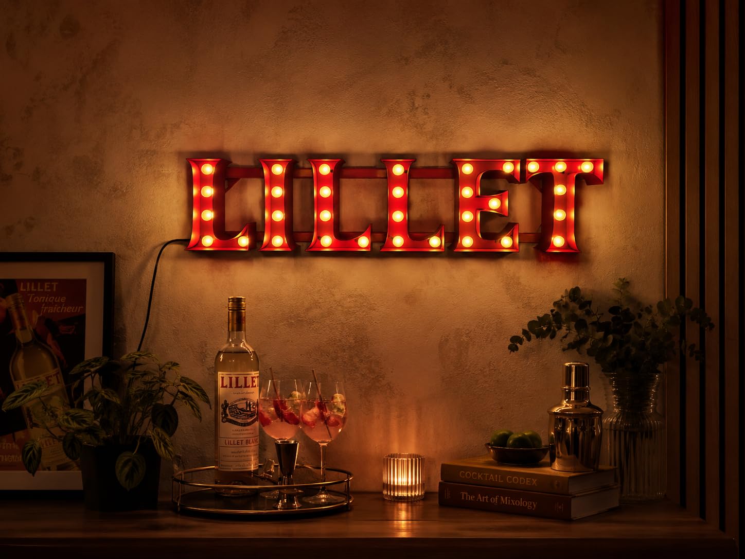 Mixcompany LILLET LED Leuchtschild Retro Rot – Beleuchtete Bar Deko mit warmweißen LEDs – Vintage Schriftzug Lampe für Bar, Party & Zuhause – 79,5 x 13 x 22 cm