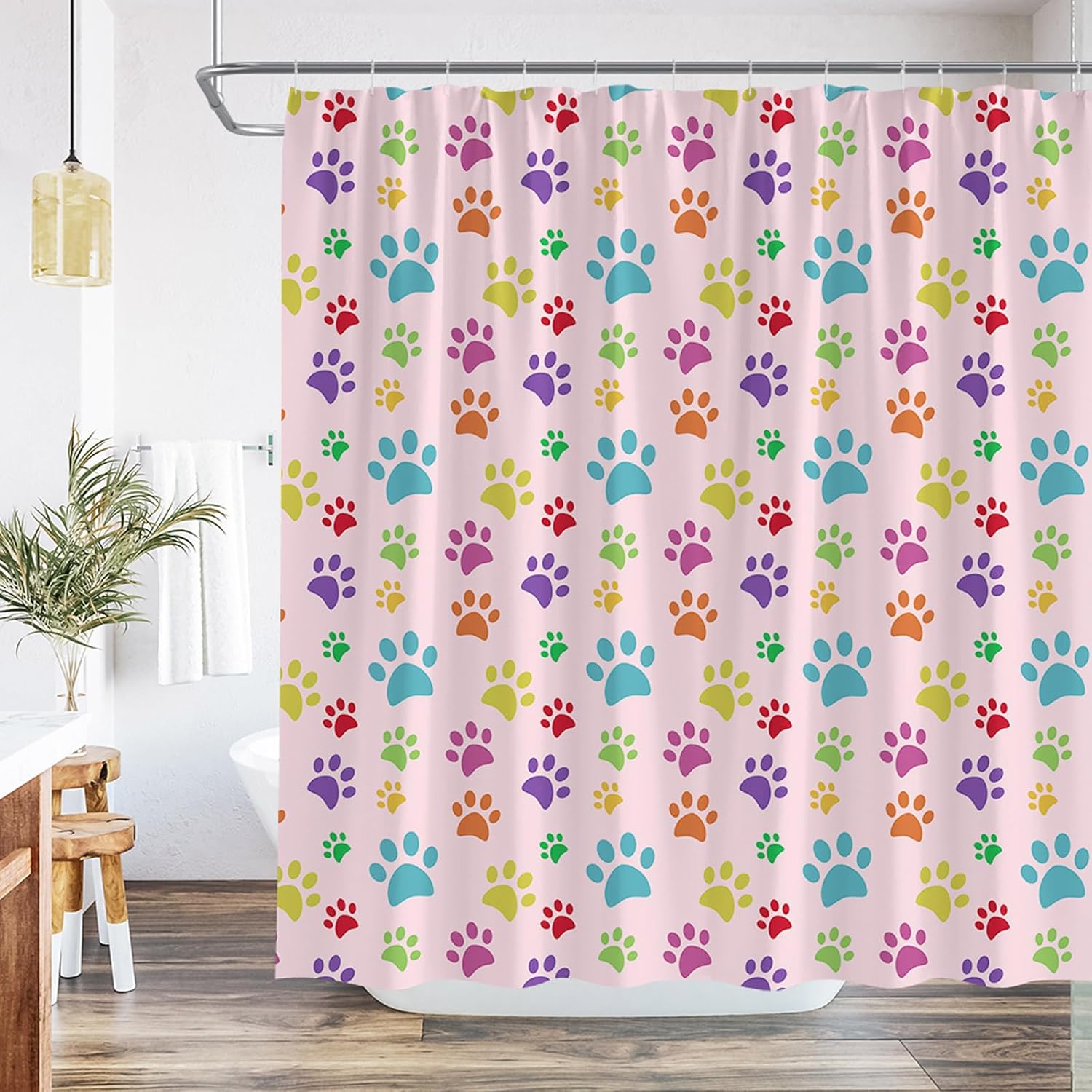 Dog Paw Shower Curtain Cute Hand Drawn Paws Print Doodles Circular Drawing Style Animal for Dog Lover Fabric Bathroom Set with Hooks 84Wx70H Inch
