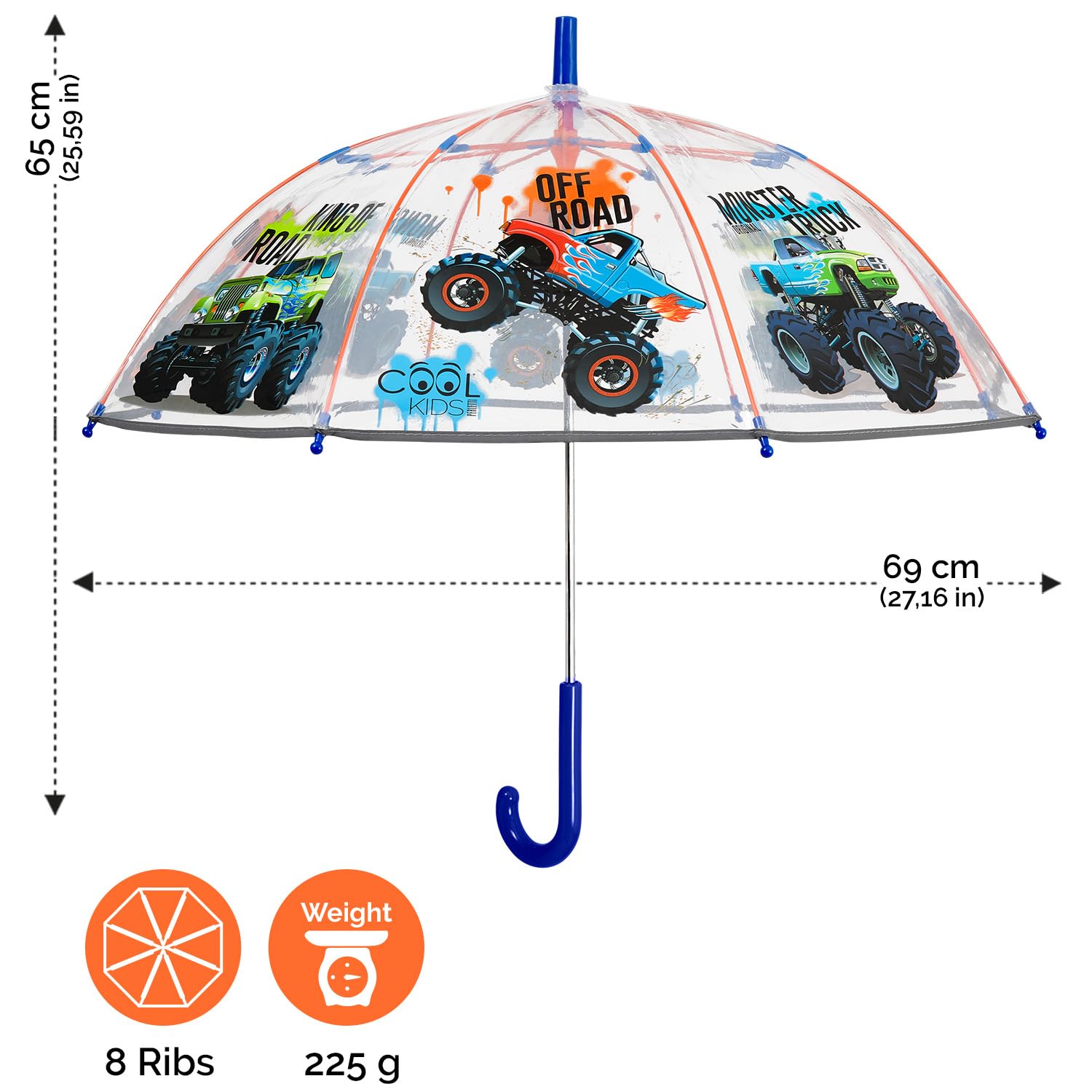 PERLETTI Ombrello Bambini Trasparente 3 4 5 Anni - Ombrello Pioggia Lungo Bambino Bambina a Cupola Antivento - Ombrellino Bimbo Asilo Resistente con Apertura di Sicurezza - Diametro 64 cm