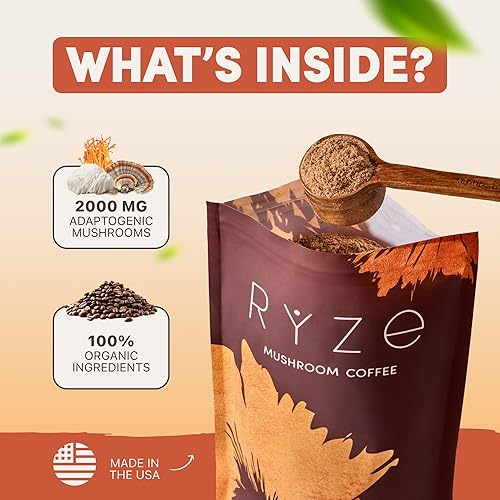 Miniatura 5 de RYZE SUPERFOODS Café de hongos orgánico USDA con 6 hongos adaptogénicos y aceite MCT, café instantáneo cultivado en Estados Unidos para una mejor