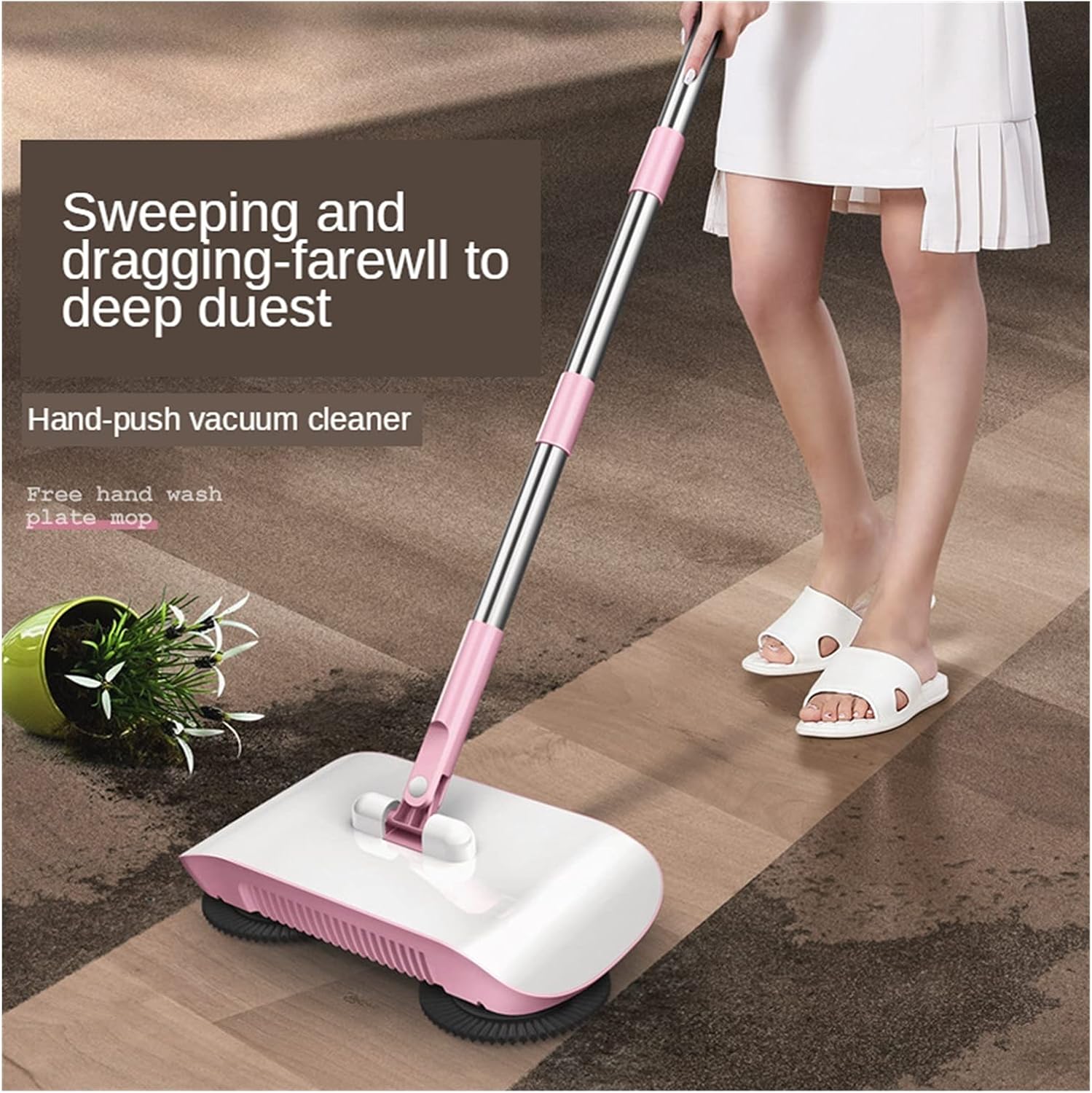 Vacuum Cleaner Flooring Handle Household Cleaning Broom Robot Floor Cleaner Home Kitchen Sweeper Mop Sweeping Machine Broom and Dustpan for Broadleaf Trees and Carpets (Color : Pink Within 3 Pads image 3