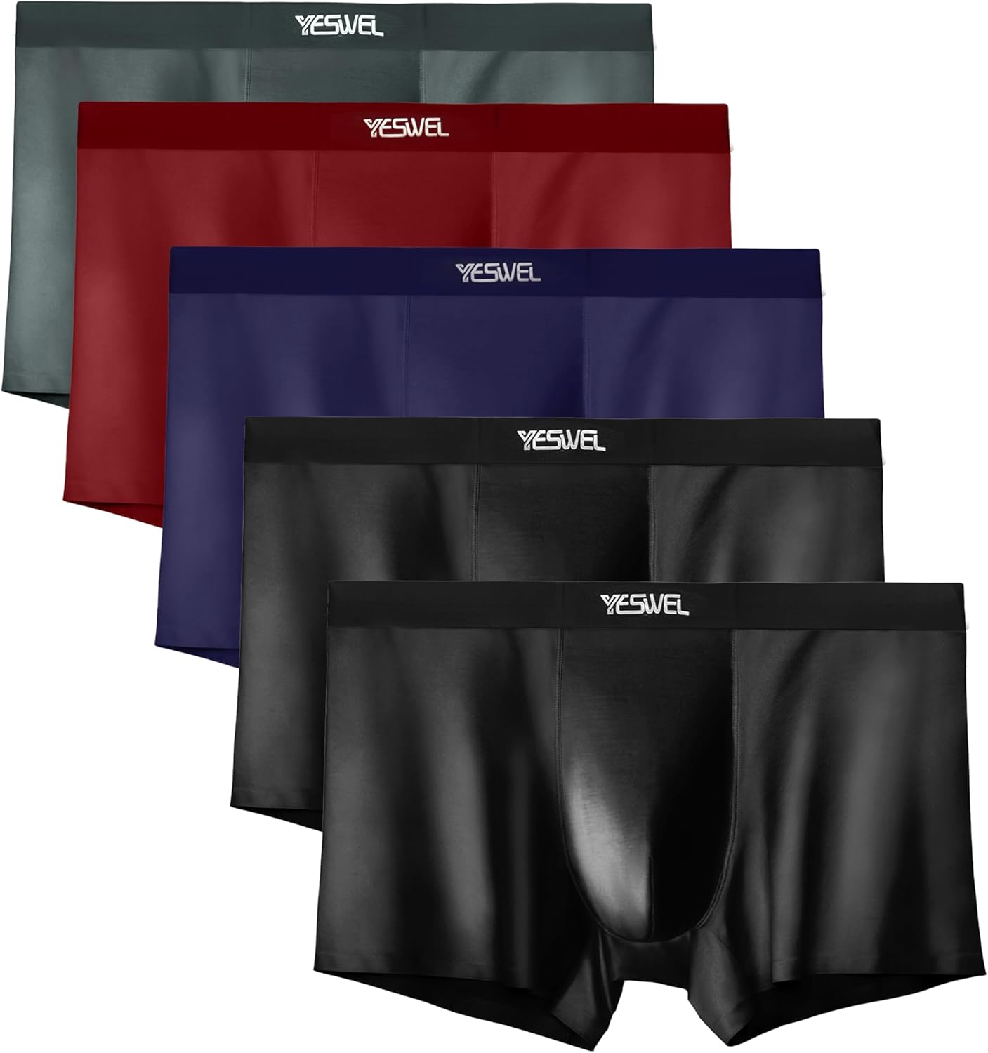 Satin Mens Boxer Briefs, Breathable Ice Silk Feeling Underpants, Nylon Trunks, Seamless Underwear for Men 5 Pack