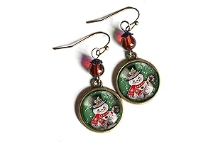 Snowmen Dangle Earrings: Retro Snowman on Green Background Christmas Ornaments
