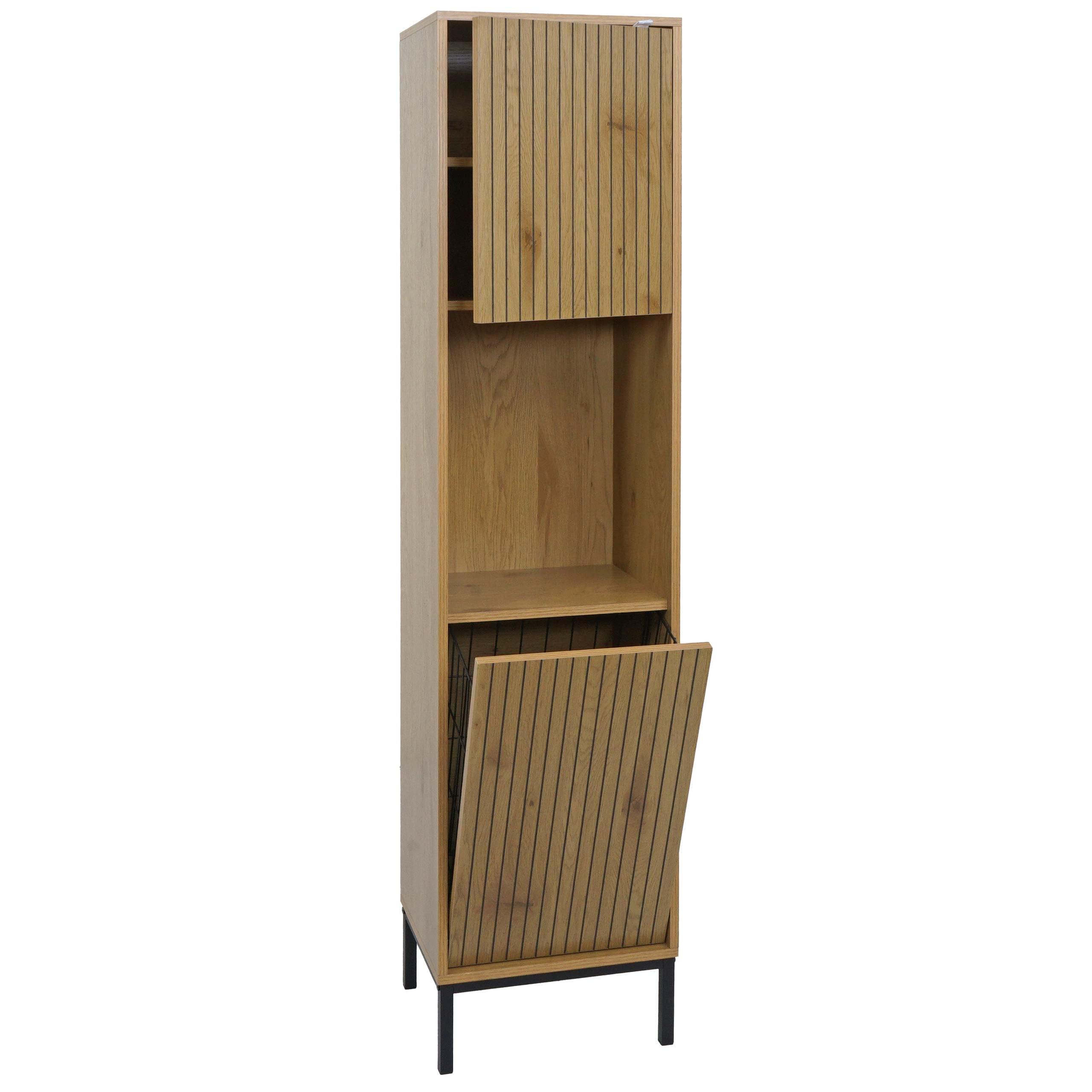 Mendler Hochschrank HWC-O42, Badschrank Badregal Badezimmer Schrankfächer Wäschekorb, MDF Melamin 174x39x30cm - Holzoptik Natur