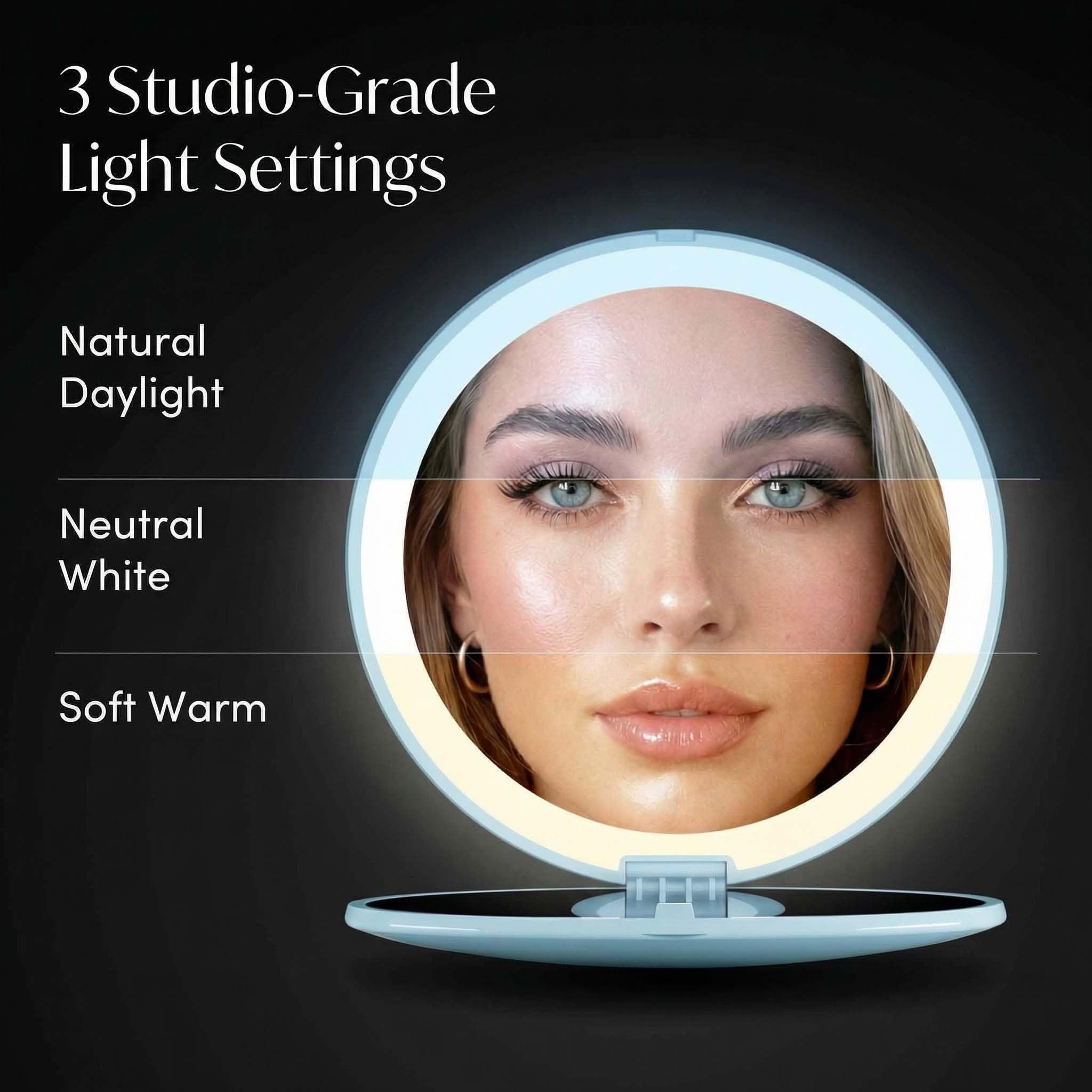 Fancii Taylor Wiederaufladbarer kompakter Make-up-Spiegel mit LED-Lichtern, 10-fach/1-fache Vergrößerung, 3 Lichteinstellungen, groß, 12,7 cm breit, Reisespiegel für Geldbörsen (weicher Himmel)