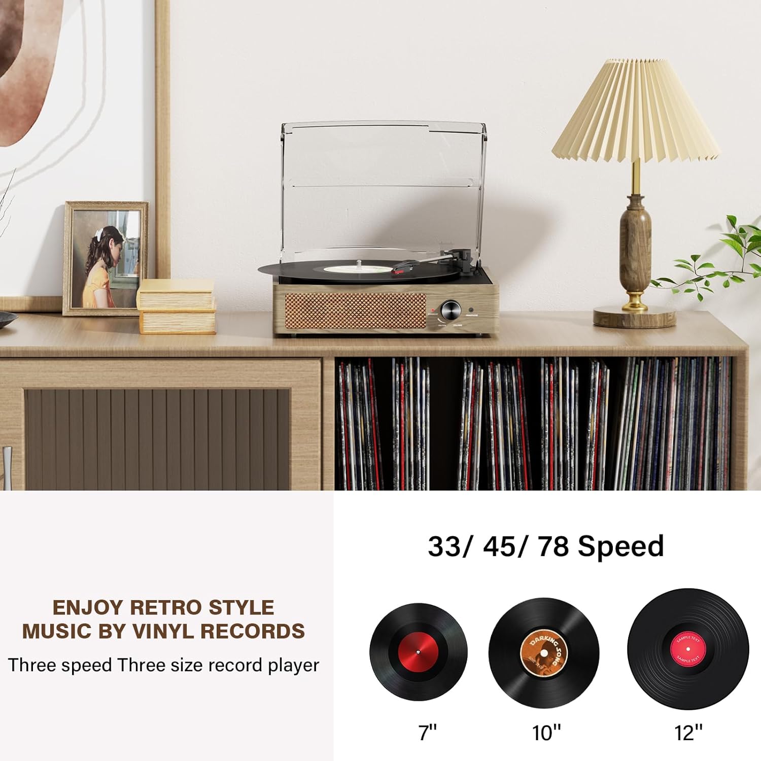 Bluetooth Vinyl Record Player,3-Speed Turntable with Stereo Speakers Vintage Phonograph Record Player, with RCA Line Out AUX in Headphone Jack Grey Wood