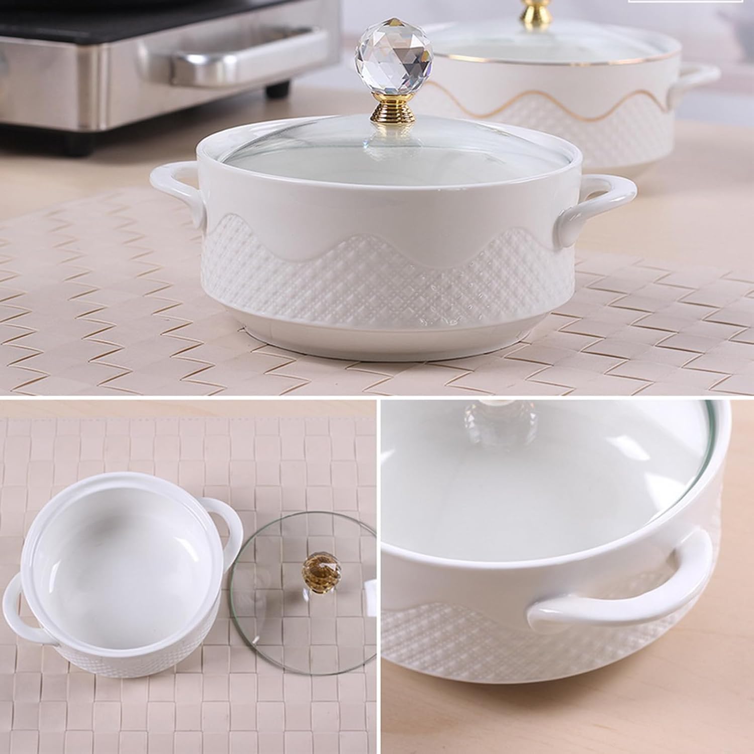 Ceramic Soup Tureen with Glass Lid Large Capacity Serving Tureen with Double Handles, White Porcelain Serving Tureen for Restaurant Home Kitchen Decoration Ceramic Covered Tureens