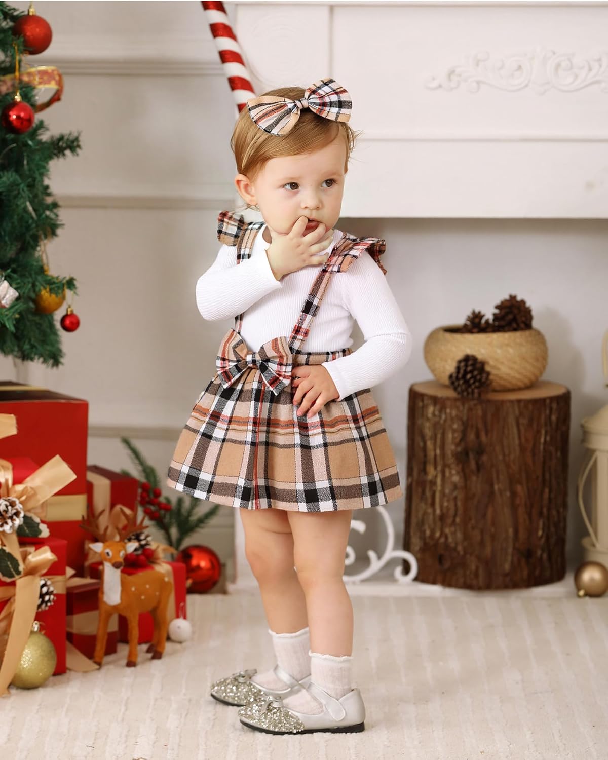 Baby Girl Clothes Sets: 2 Piece Long Sleeve Top Plaid Romper with Headband Fall Winter Outfit for Infant 0-24 Months - Image 2