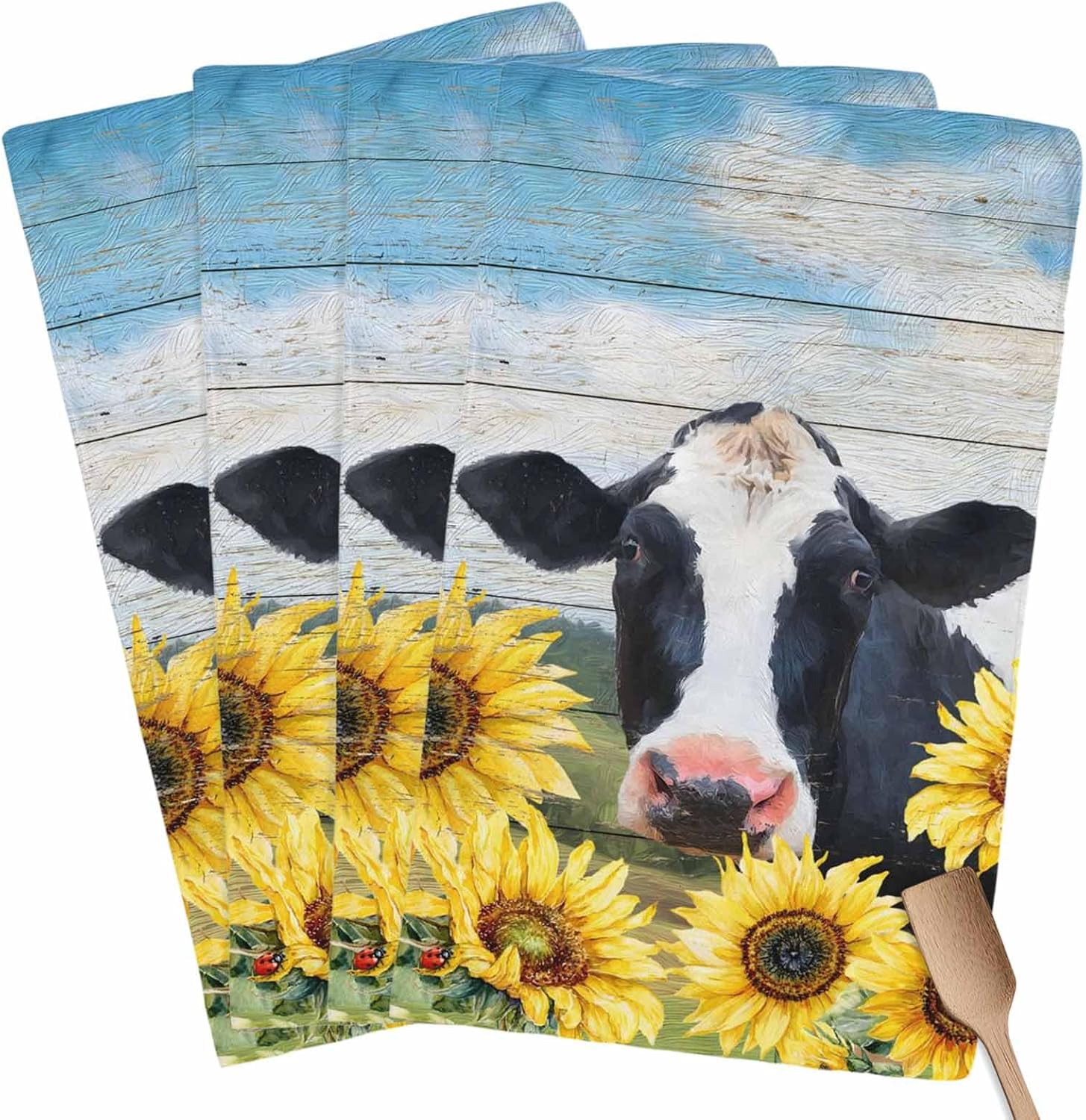 Kitchen Dish Towels and Dishcloths Sets, Rural Oil Painting Cow with Sunflower 18 X 28 Inches Absorbent Hand Towels Dish Rags with Hanging Loop for Home Cleaning Blue Sky Backdrop