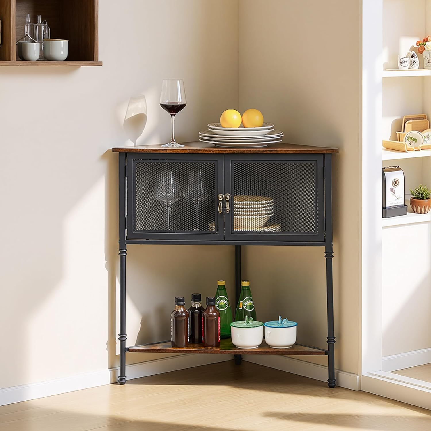 VECELO 3 Tier Corner Cabinet,Corner Table Shelf with Storage Cabinet,Industrial Metal Frame and Wood Shelves Organizer for Small Spaces in Living Room/Bedroom/Kitchen