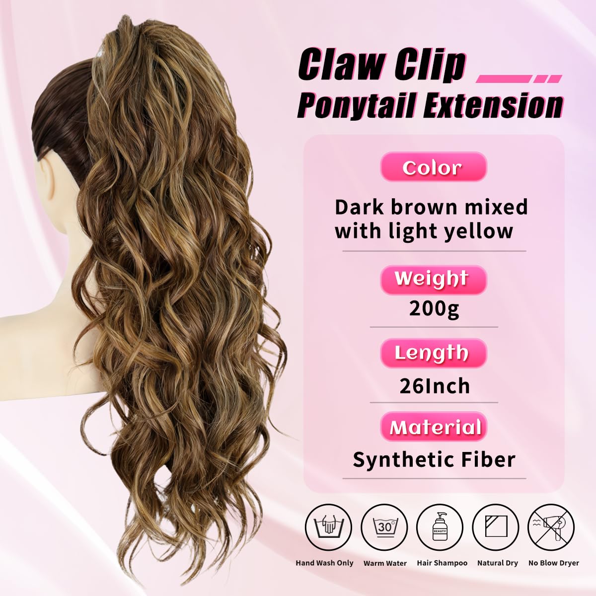 Ponytail Extension, 26 Inch Claw Clip Ponytail Extension Long Wave Ponytail Extensions for Women Fluffy Natural Synthetic Hairpiece for Daily Use(Color:Dark brown mixed with light yellow)
