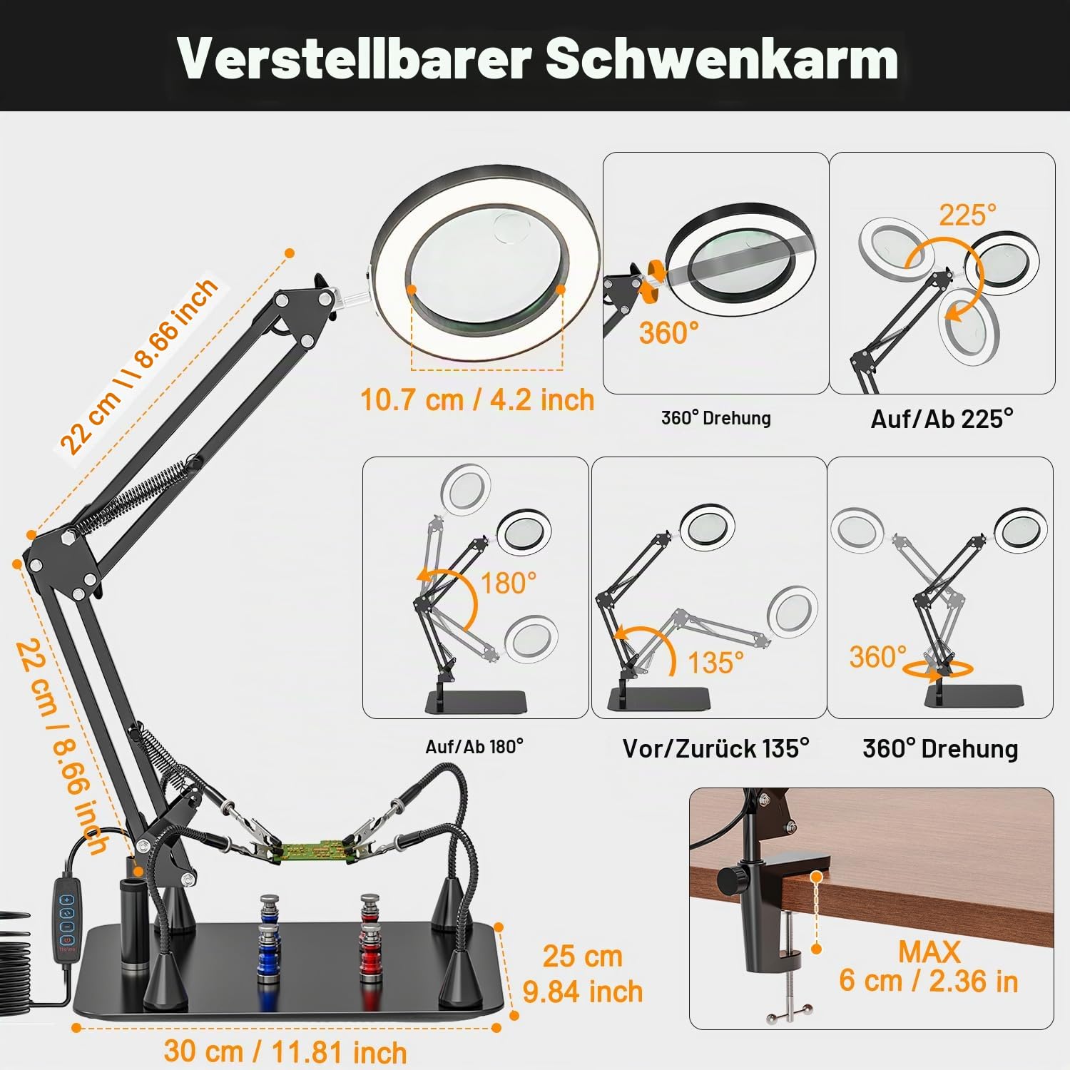 15X & 10X Lupe mit Licht und Ständer, Magnetische Dritte Hand Löten Lupe | Löthilfe Helfende Hand mit Lupe & Licht, LED Lupenleuchte für Basteln, Löten, Reparatur, 3 Farbmodi Dimmbare