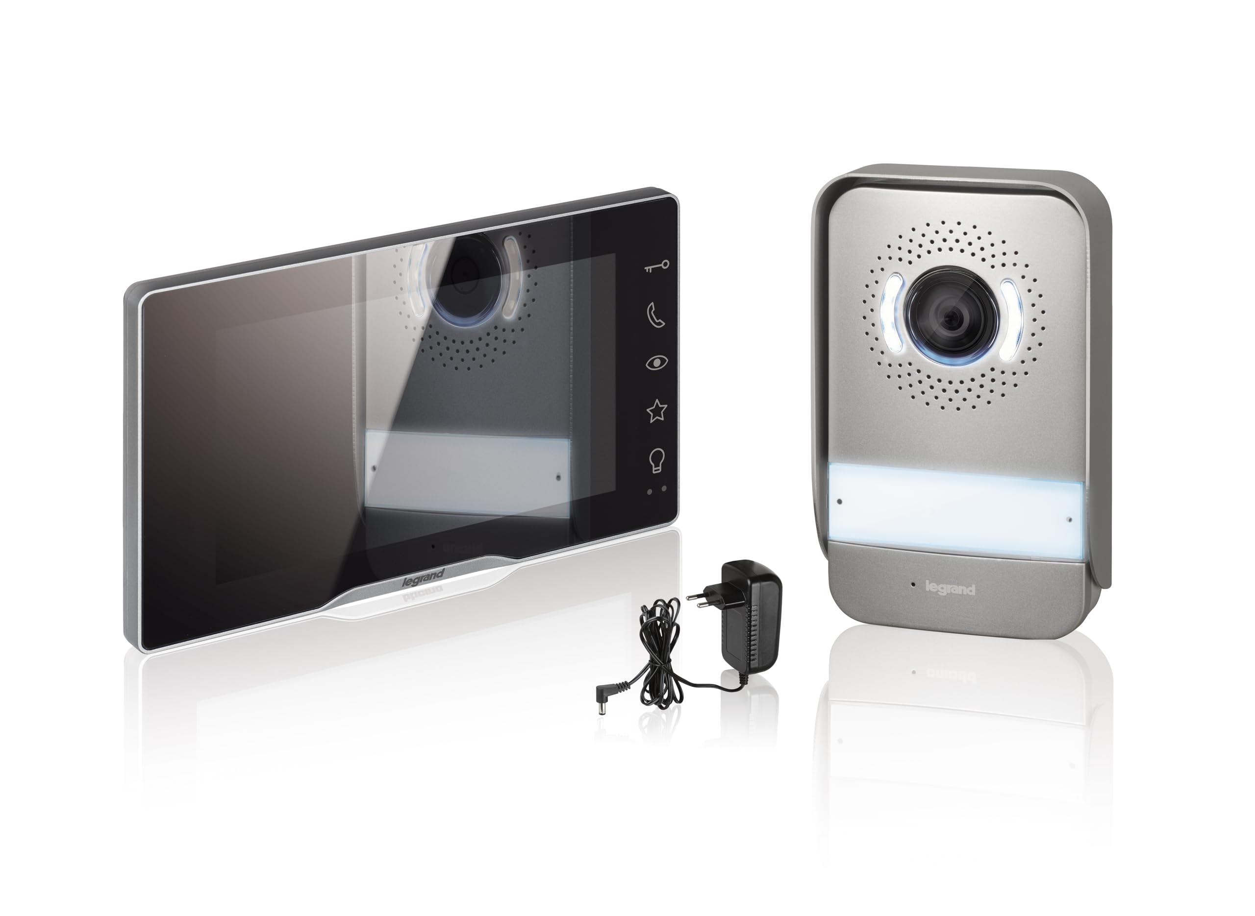 LEGRAND, EASYKIT Plus Video-Türsprechanlagen-Set mit 2-Draht-Anschluss, 7"-Farbmonitor-verspiegelt & Weitwinkelkamera, 1-/2-Familienhaus-Set, erweiterbar, Steckernetzgerät, IP54-IK07, Schwarz, 368910
