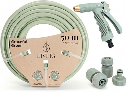 LIVLIG Garden Hose Set 50 m 1/2 Inch - Water Hose Garden Kink-Resistant & UV-Resistant Includes Plastic Garden Sprayer + Connectors Tap Connection G3/4 Water Stop 1/2 Quick Coupling - Green