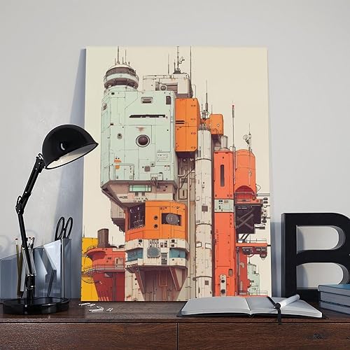 Miniatura 8 de Kroey Futuristic Sci-Fi Cityscape Wall Art Retro Cyberpunk Architecture Print Minimalist Industrial Design Decor Urban Building Frame-Futuristic 24X3