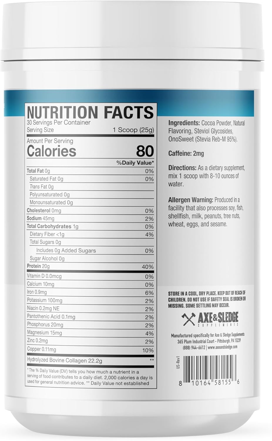 Axe & Sledge Pure Hydrolyzed Collagen Powder, Gluten Free, Keto and Paleo Friendly, Grass Fed, Chocolate, Non GMO, 1.46 Lbs