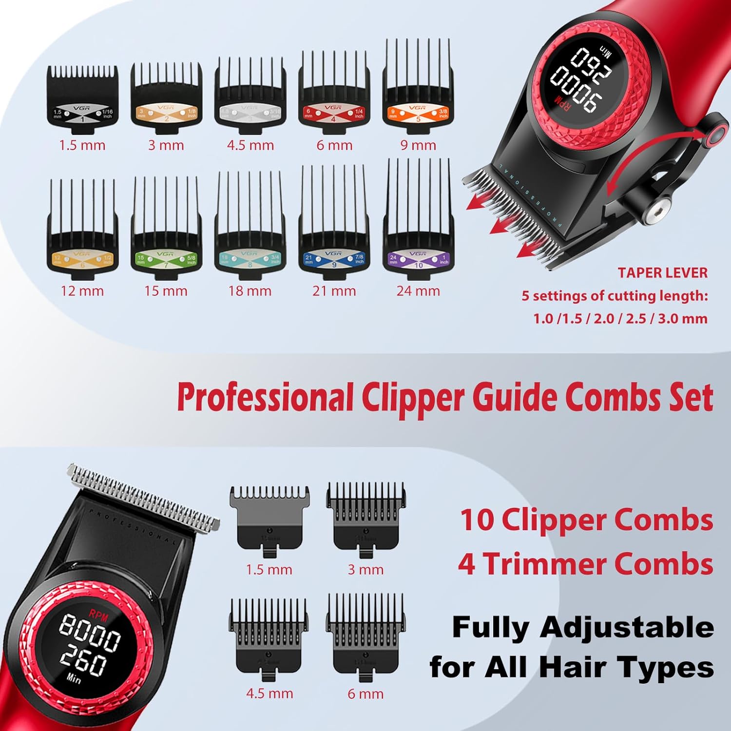 VGR 001 & 977 Professional Hair Clippers for Men, Cordless Barber Clippers and Zero Gap Trimmers Set, DLC Coating Blade Hair Cutting Kit with LED Display, USB Rechargeable Barber Set(Red) - Image 4