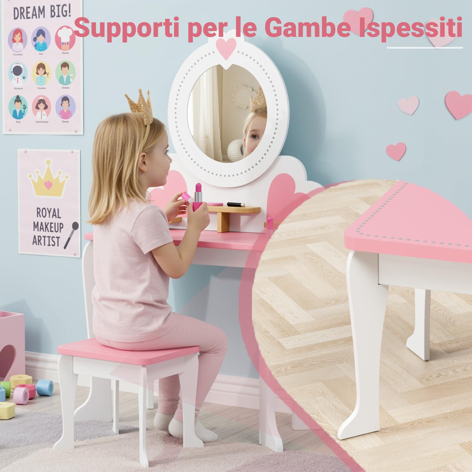 Clevich 2 in 1 Toeletta per Bambini, Toeletta da Trucco con Specchio Bambini, Scrivania in Legno con Sgabello, Robusto e Durevole, per Bambini dai 3-8 Anni (Bianco)