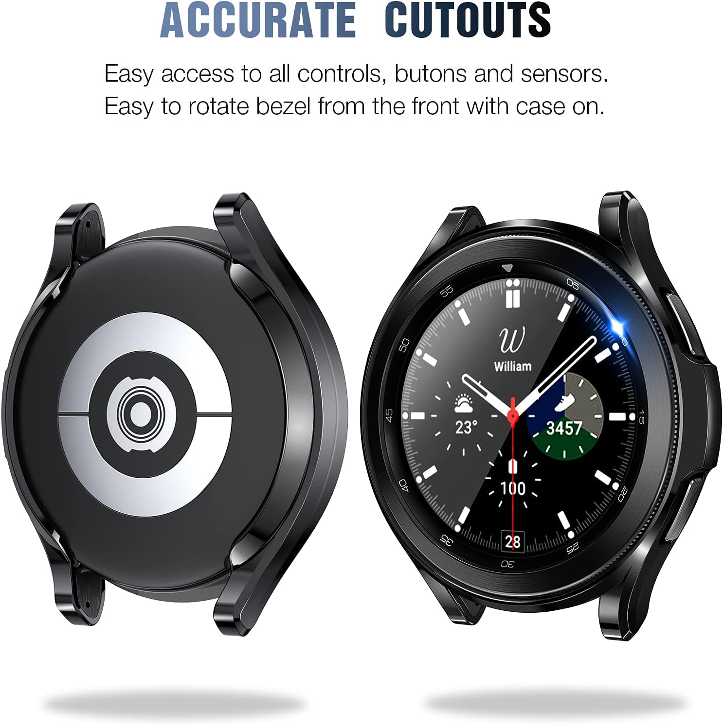 [2+2Pack] Tensea for Samsung Galaxy Watch 4 Classic Screen Protector Case 42mm, 2 Pack Tempered Glass Protective Film and 2Pack TPU Watch Cover Accessories Bumper Set for Watch4 Classic (42 mm, Black)