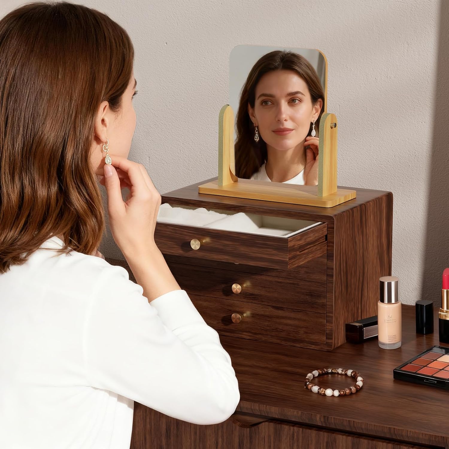 GENUINED Valentines Day Gifts for Her, Black Walnut Wooden Jewelry Box for Women, High End Jewelry Organizers and Storage(4 Layer) - Image 4