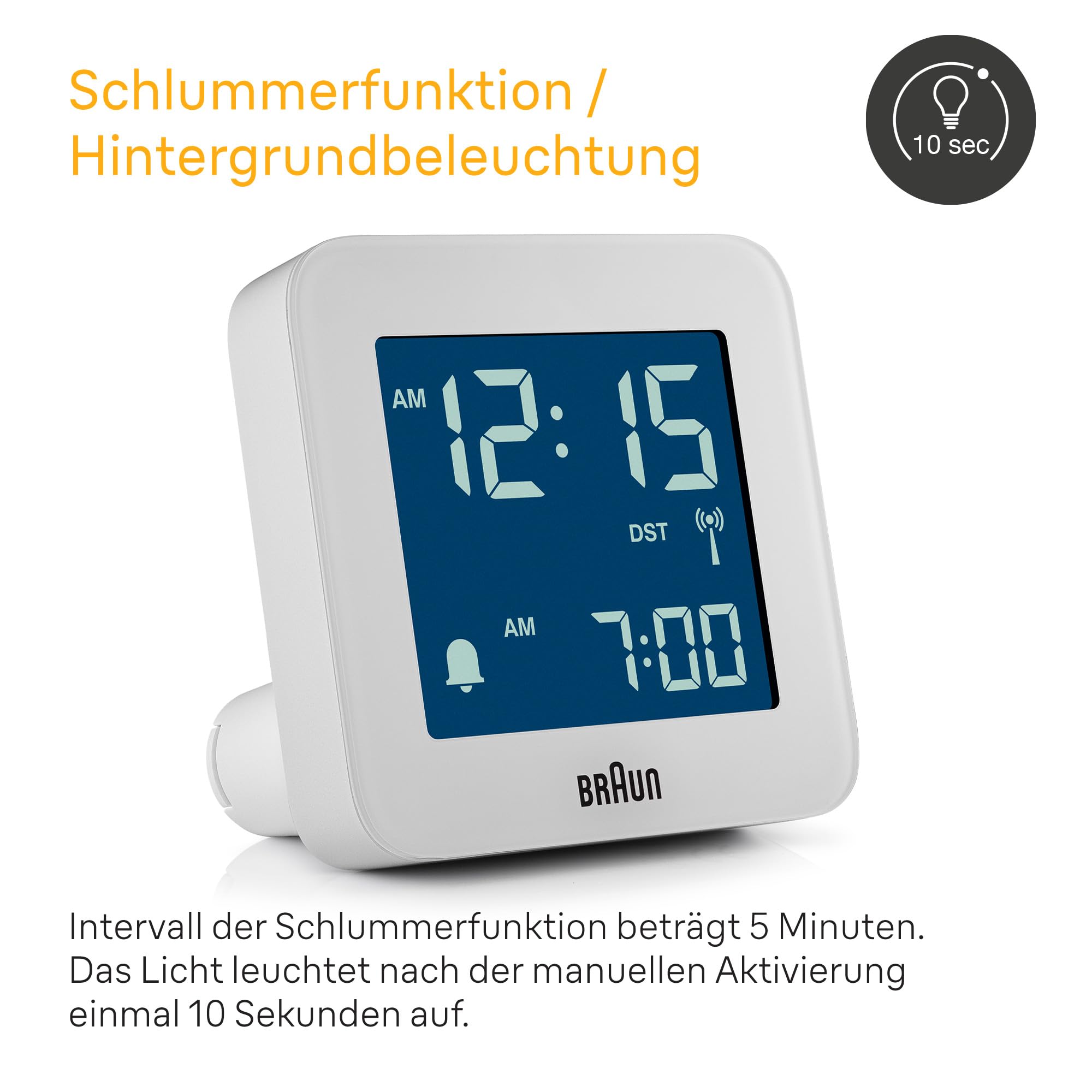 Braun Digitaler Funkwecker Mitteleuropäische Zeitzone (MEZ) mit Schlummerfunktion, Negatives LC-Display, Schnelleinstellfunktion, Crescendo-Alarm in Weiß, Modell BC09W-DCF.