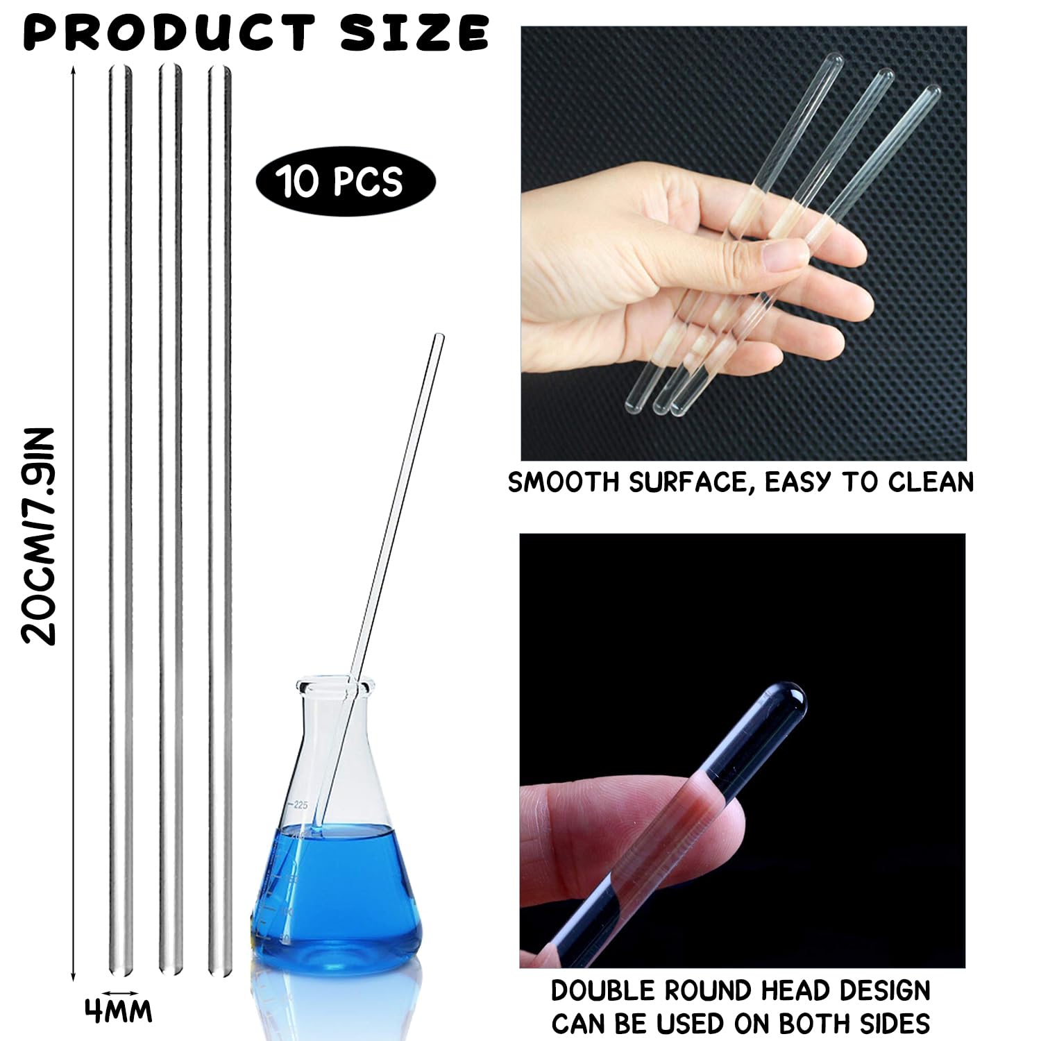 10-Pack Glass Stirring Rods – 7.9" Long, 6mm Diameter, Both Ends Round – Heat-Resistant Glass for Lab and Home Use — Amazon image 2