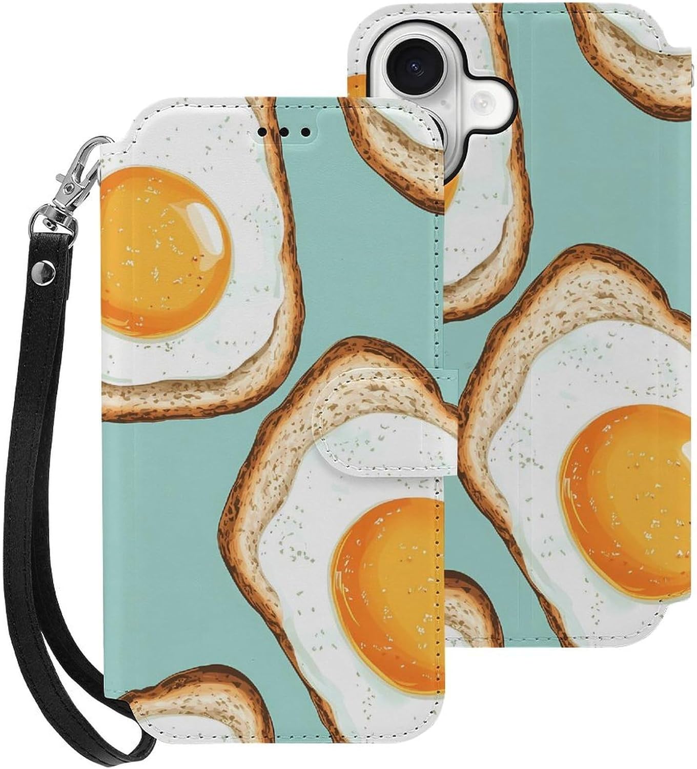 Fried Eggs and Bread Compatible with iPhone 16/16 Plus/16 Pro/16 Pro Max/16 E Case Phone Wallet Card Holder Flip Cover with Wrist Strap