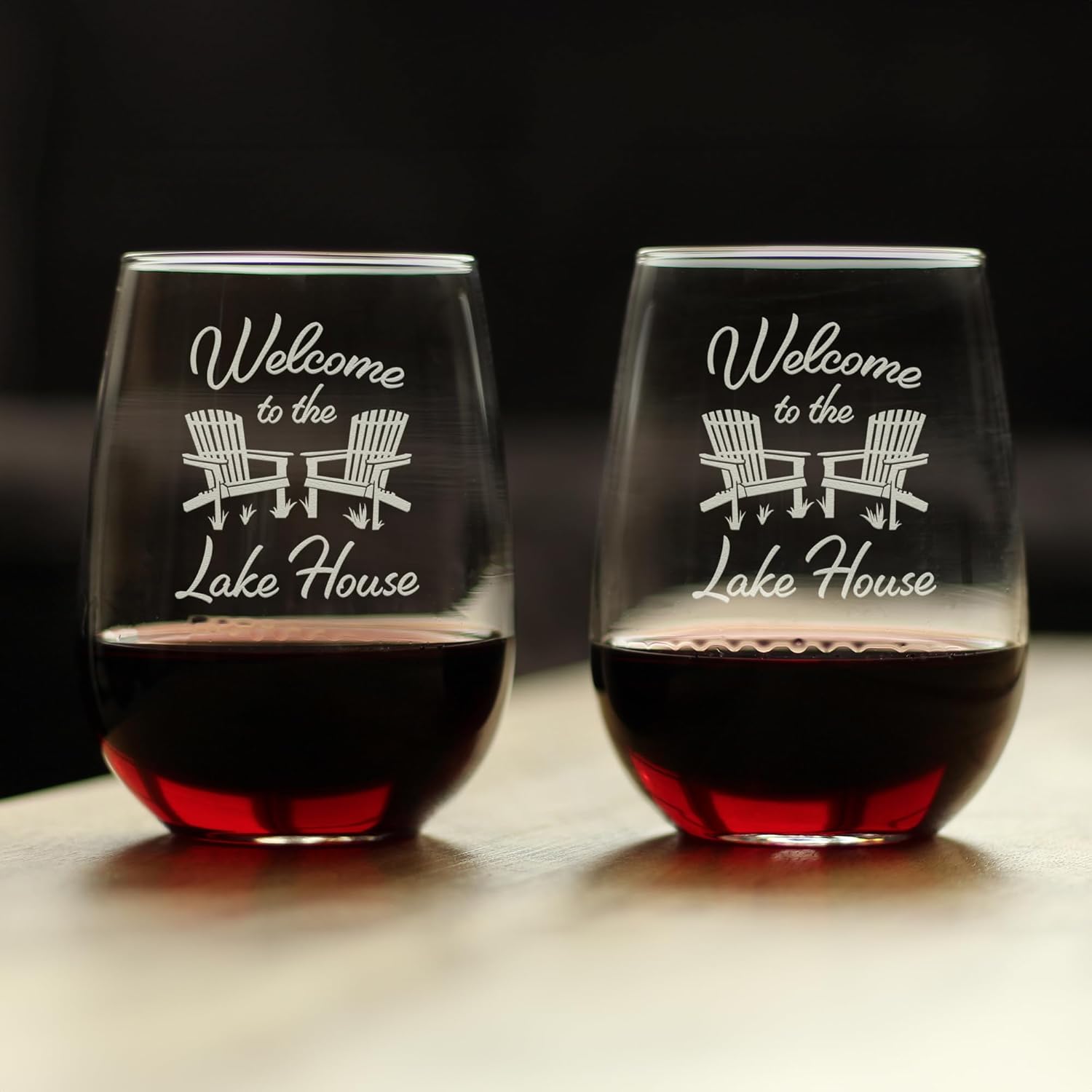 Bevvee Welcome To The Lake House - Stemless Wine Glass - Lake Home Rustic Cabin Decor - Set of 2 - Large 17 Ounce Glasses