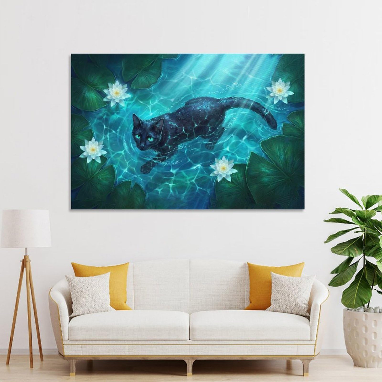 Junmoney Unframe-Style-9-1 Ethereal Black Cat Swimming In Bioluminescent Turquoise Water Lily Pond Room Decor Wall Art 12X18inch(30X45cm), For Lounge Decor, Offices Or Entryway Styling, A Flexible Wall Accent For Shared Spaces