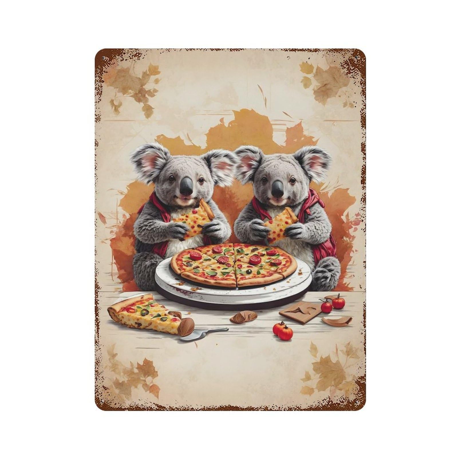 Twin Koalas Eating Pizza Decorative Tin Sign 15.7"x11.8", Rustic Home Decor for Garage, Pub Or Kitchen