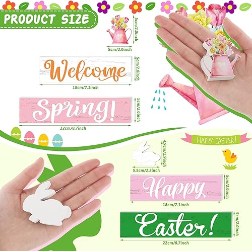 Miniatura 2 de Marsui 4 piezas de decoración de primavera y Pascua, letreros reversibles de madera de primavera de doble cara, centros de mesa de primavera,