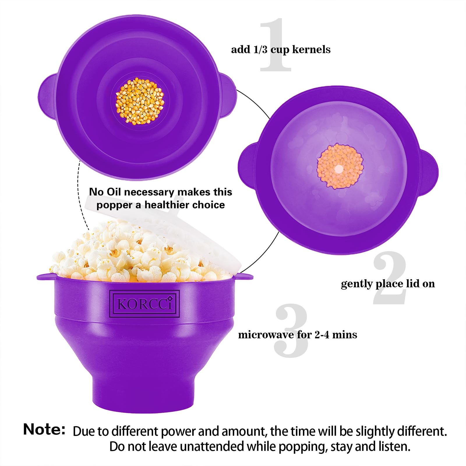 Korcci - Palomitas de maíz de silicona para microondas, cuenco plegable para microondas, no necesita aceite, uso en microondas, apto para lavavajillas (morado)