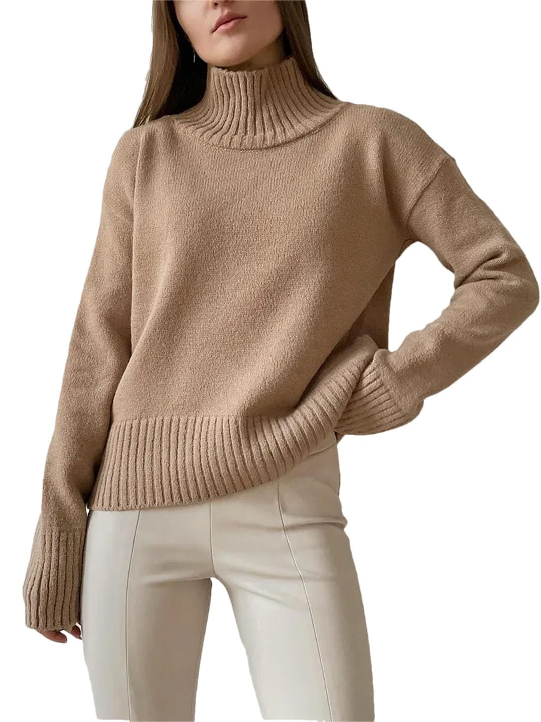 Maglione da donna a collo alto, a maniche lunghe, lavorato a maglia, tinta unita