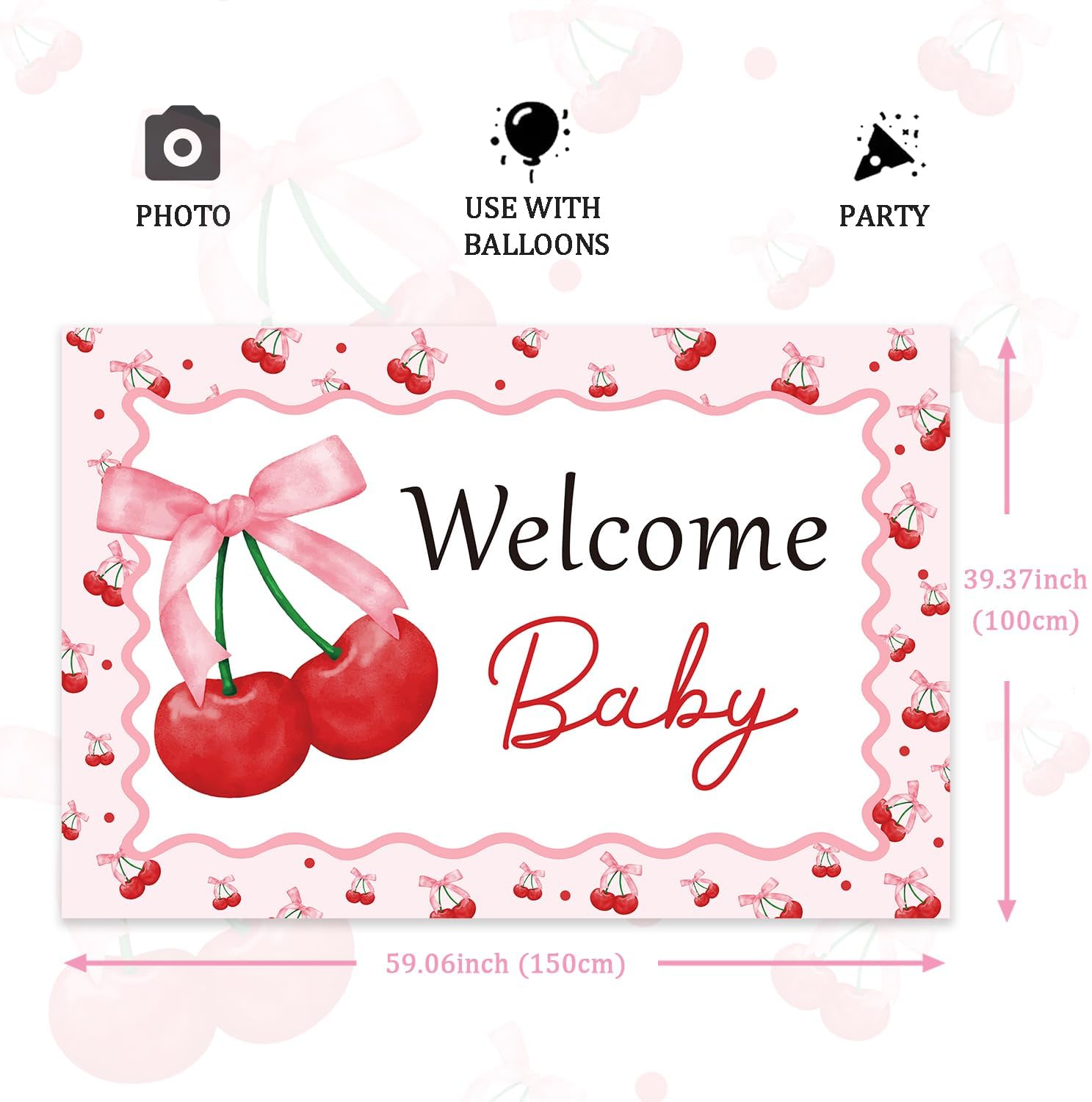 Cherry Baby Shower Backdrop Coquette Cherry Welcome Baby Backdrop Bow Cherry Photo Background Banner Fruit Themed Party Decorations for Baby Girl Baby Shower Gender Reveal Party Supplies 5x3ft