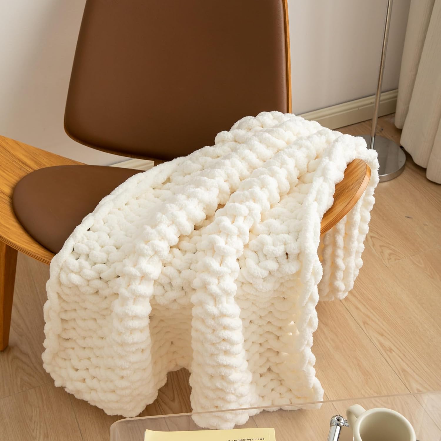 Luxury Chunky Knit Blanket Throw, Handmade Thick Chenille Yarn Throw 40"x40", Cream Cable Knit Crochet Blanket, Decorative Cozy and Soft Crochet Throw Blanket for Couch Home Decor - Image 4