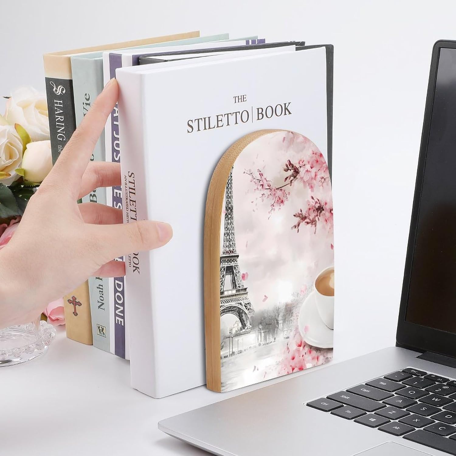 Eiffel Tower and Coffee Cute Wood Book Ends Decorative Bookends 1 Pair Non-Skid for Shelves Home Office 7 X 5 Inch