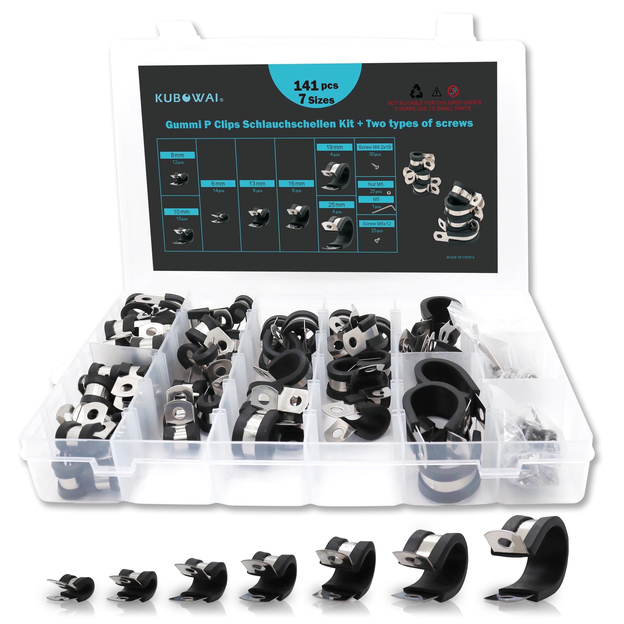 Lot de 141 Colliers de Serrage en Caoutchouc P en Acier Inoxydable 304 avec Insert en Caoutchouc, 7 Tailles (6 mm/8 mm/10 mm/13 mm/16 mm/19 mm/25 mm)