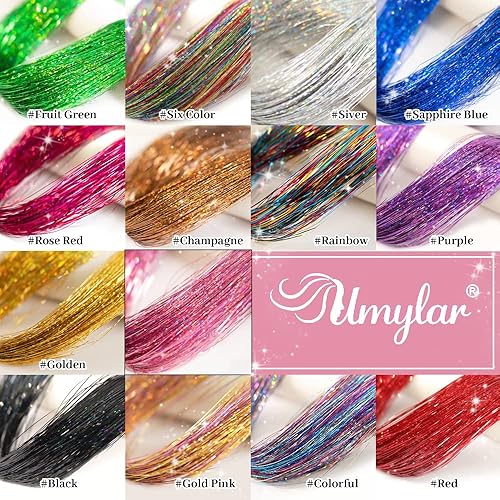 Miniatura 6 de Umylar Juego de 12 extensiones de cabello de oropel con clip, 20 pulgadas, extensiones de cabello de oropel con purpurina, regalo de festival,
