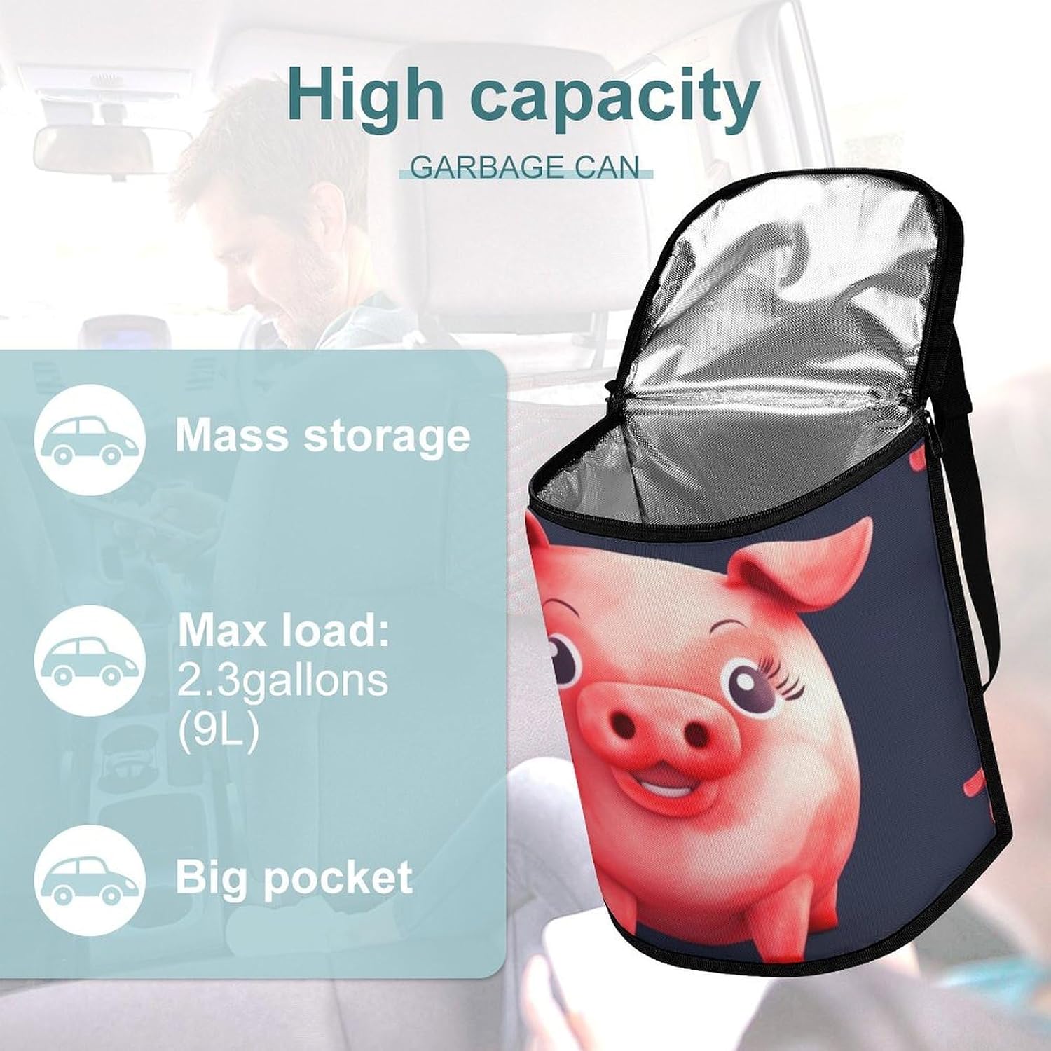 Red Cute Piggy Car Trash Can Bin Bag Waterproof Car Garbage Can Bag Trash Can for Car Car Trash Can for Women Men Garbage Can for Car Car Trash Can with Lid Trash for Car Trucks Rvs