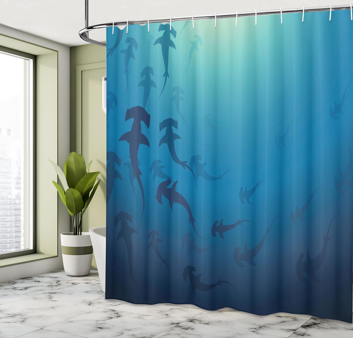 Ambesonne Sea Animals Shower Curtain, Hammerhead Shark Scan Ocean Dangerous Predator Wild Nature Illustration, Cloth Fabric Bathroom Decor Set with Hooks, 69" W x 70" L, Navy Blue