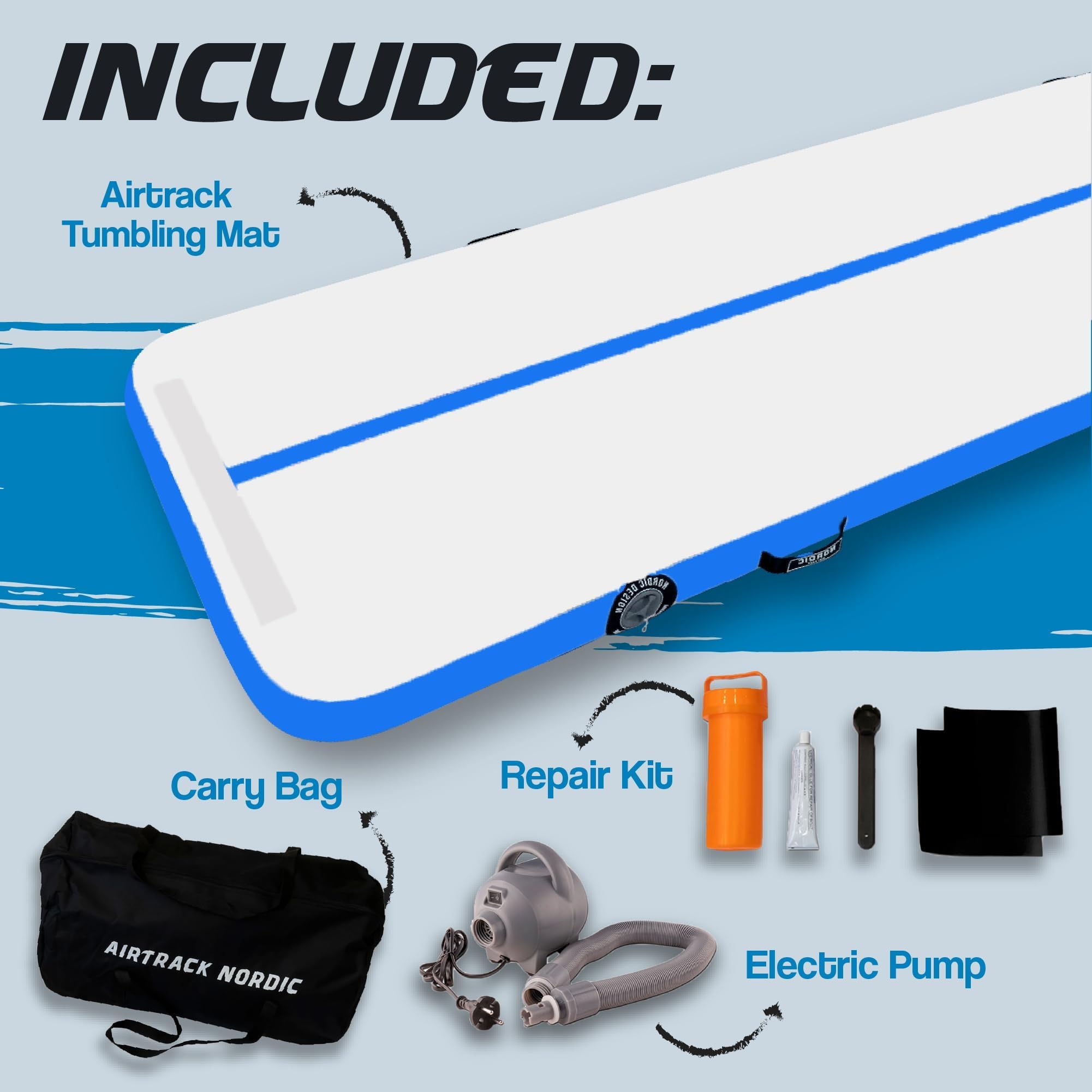 AirTrack Nordic Standard Air Track Matte 3m/4m/5m/6m/7m/8m mit Luftpumpe, Turnmatte Aufblasbar für Gymnastik, Yoga - Langlebig & Einfach zu Transportieren, Air Tracking Gymnastikmatte fur Zuhause