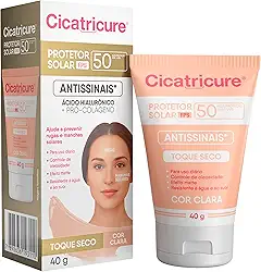 Cicatricure Protetor Solar Facial FPS 50 Antissinais Toque Seco Cor Clara, Previne Rugas e Manchas, Ultra Proteção UVA UVB, Ácido Hialurônico para Pele Oleosa, 40 ml