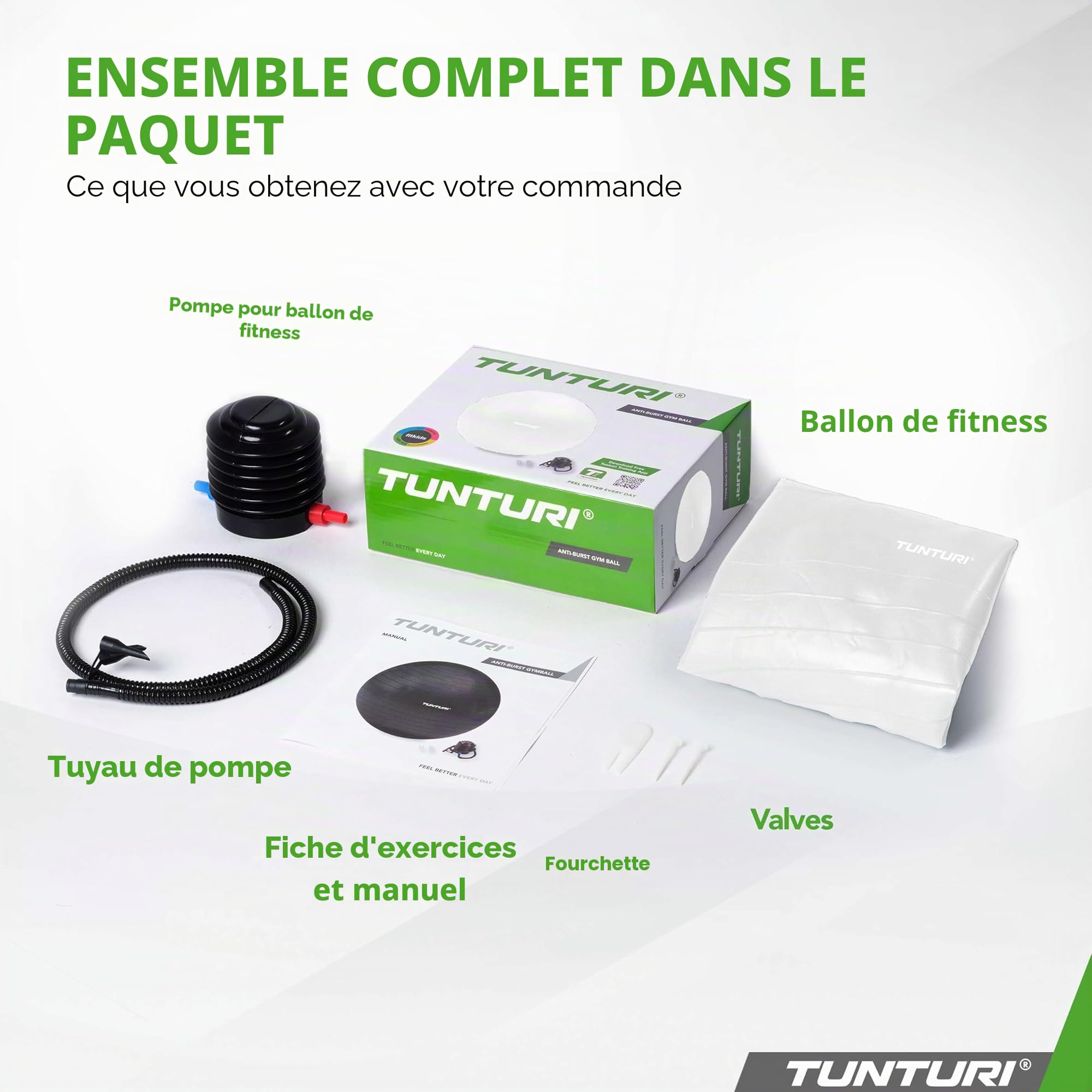 Tunturi Balle de gymnastique en 55 cm 65 cm 75 cm 90 cm Ballon de fitness pour yoga, Pilates, siège de bureau